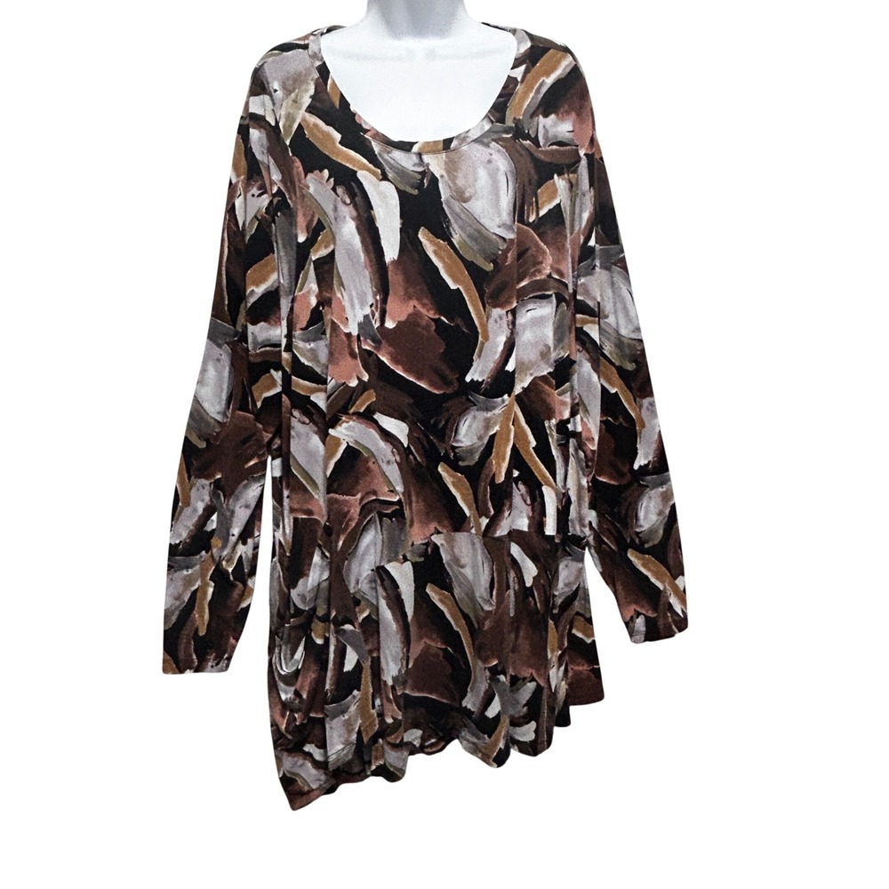 Logo Lori Goldstein Women Tunic Top 4X Brown Abstract Asymmetrical Hem Lagenlook